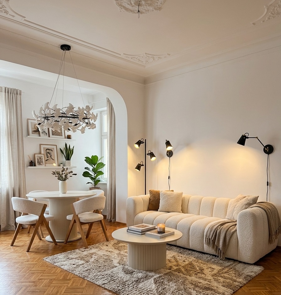 rozmieszczenie oswietlenia w salonie tworzy strefy